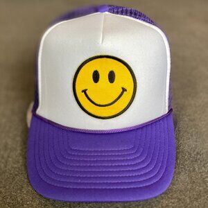 Smile Emoji Trucker Hat-Purple & White